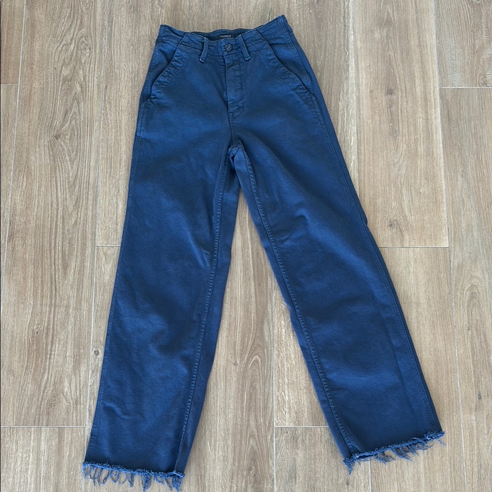 MOTHER Blue Straight Leg Jeans with Frayed Hem